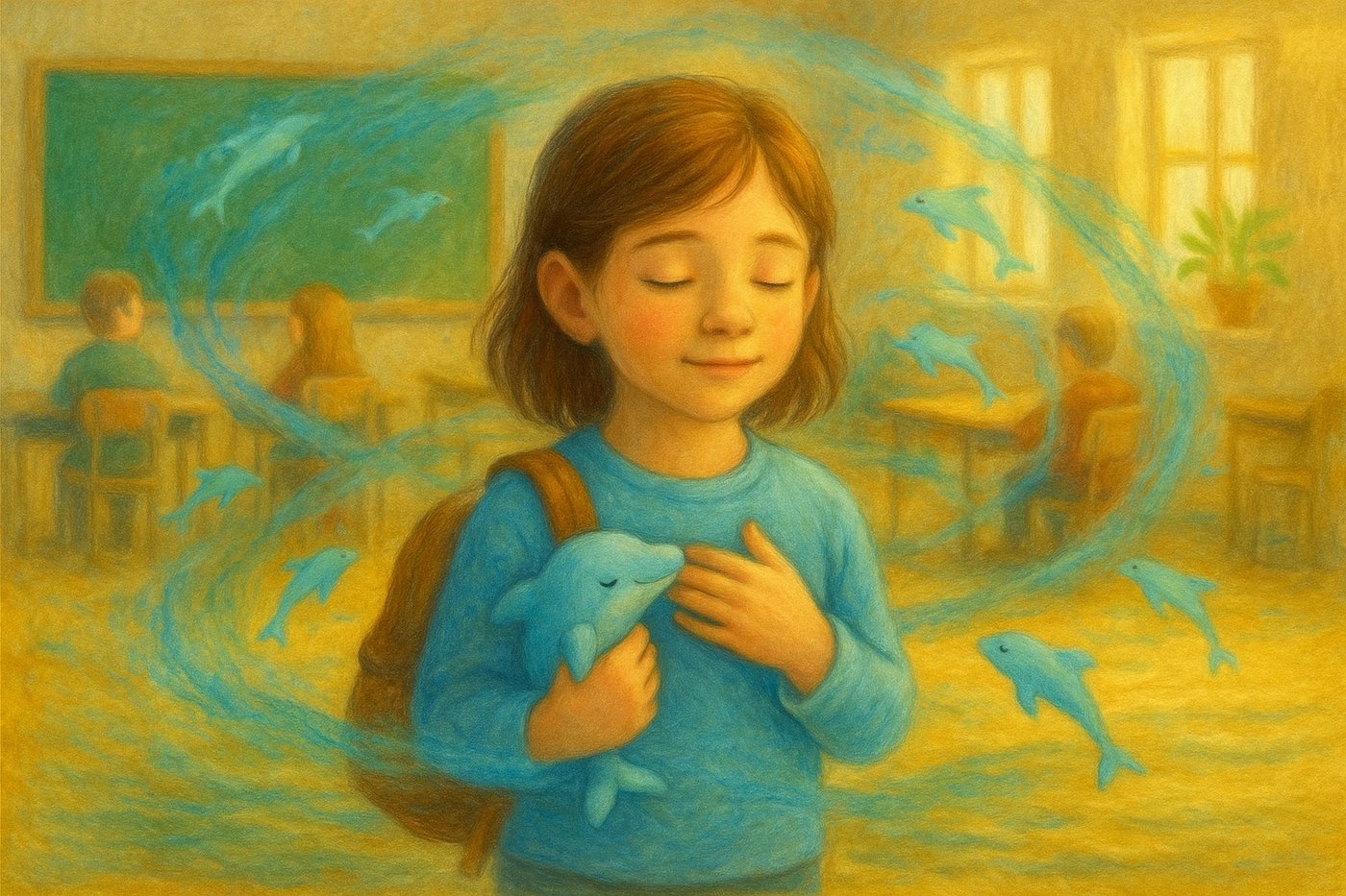 Fetiță în clasă, cu palmă pe piept, valuri de delfini simbolici în jur