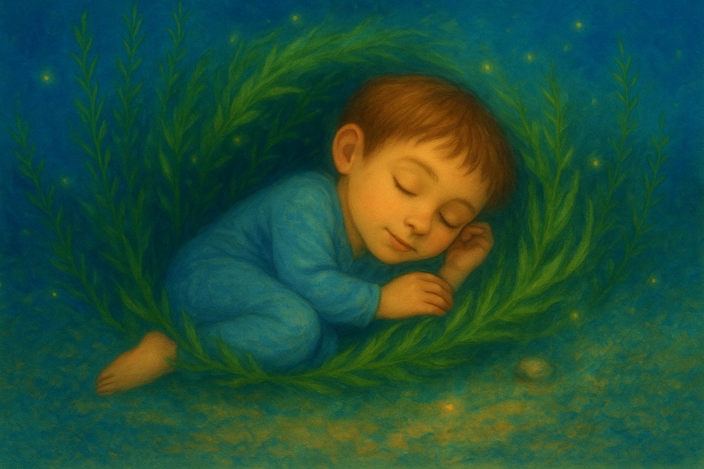 Copil adormit în cerc de alge, atmosferă marină, calm